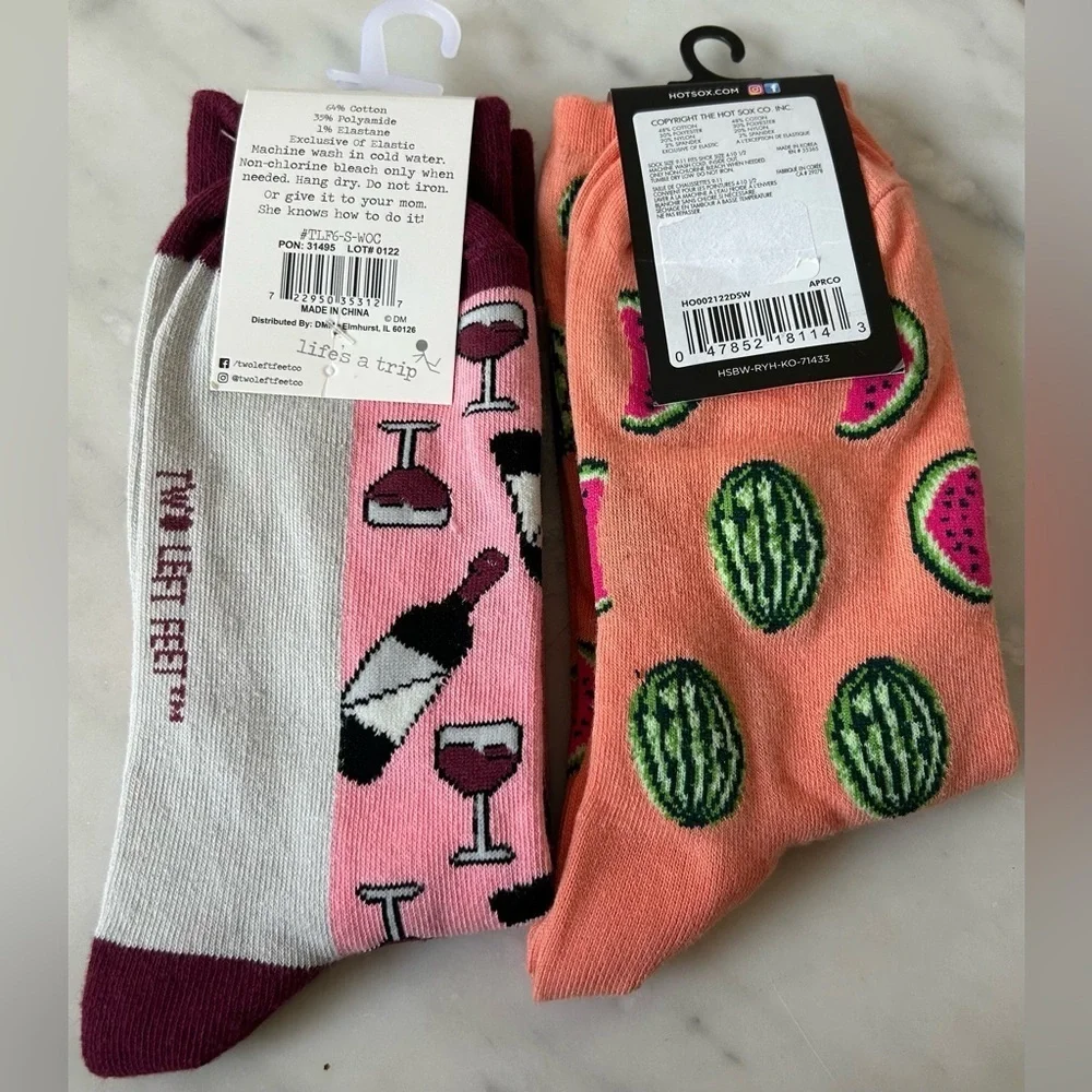 NWT TWO LEFT FEET AND HOT SOX TROUSER SOX. WINE O’ CLOCK, HOT SOX WATERMELON
